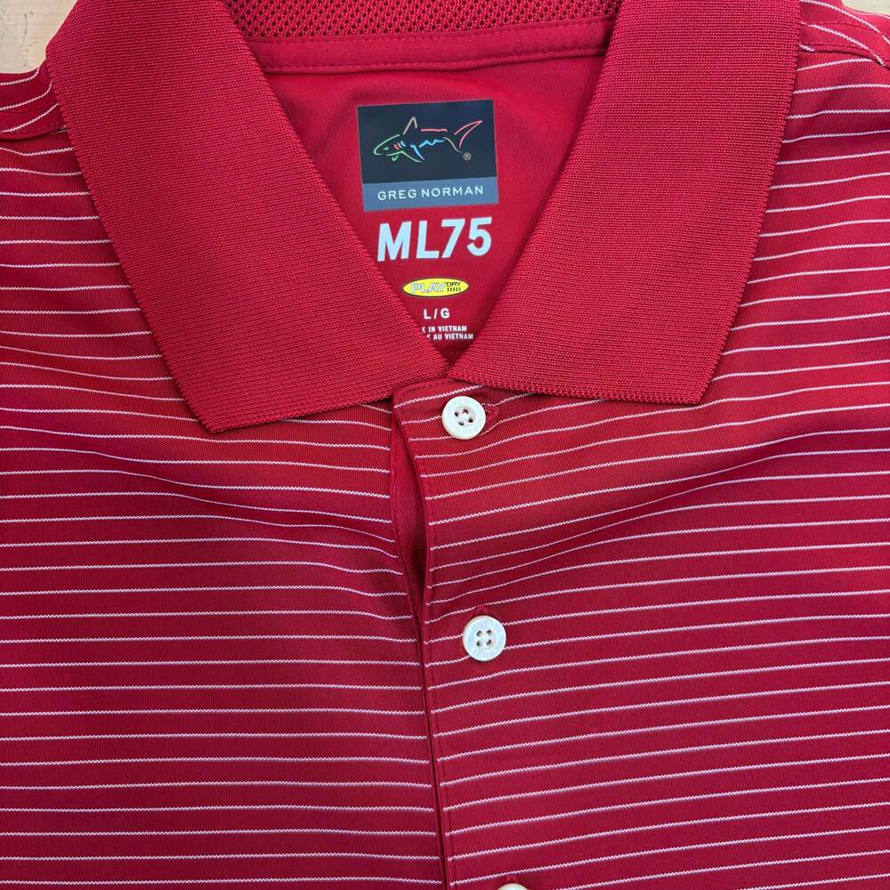 Greg Norman ML75 Performance Golf Polo Shirt Red White Striped Size L - Picture 3 of 7
